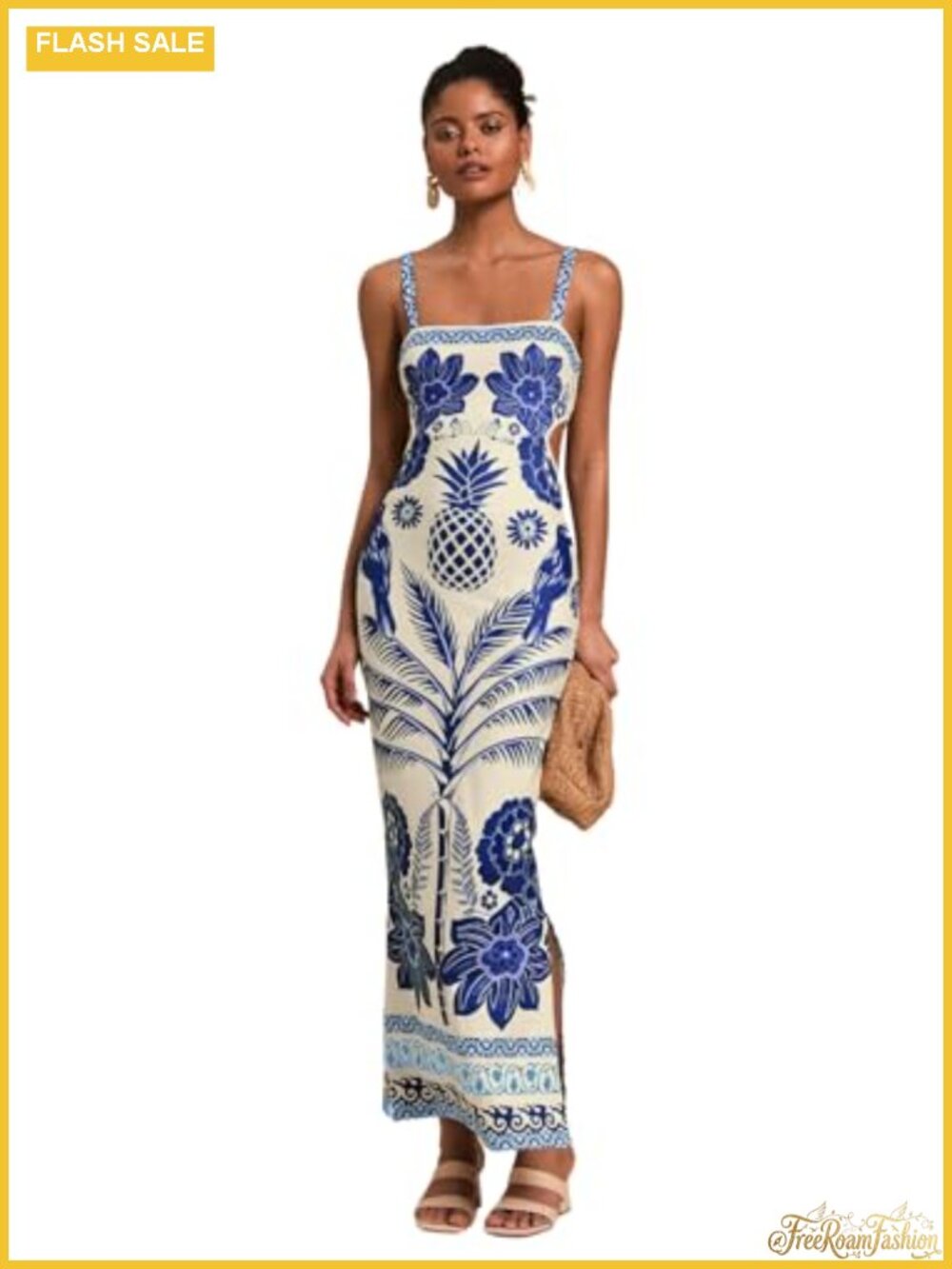 Tropical Print Sleeveless Maxi Dress with Tie Back, Split Hem, Spaghetti